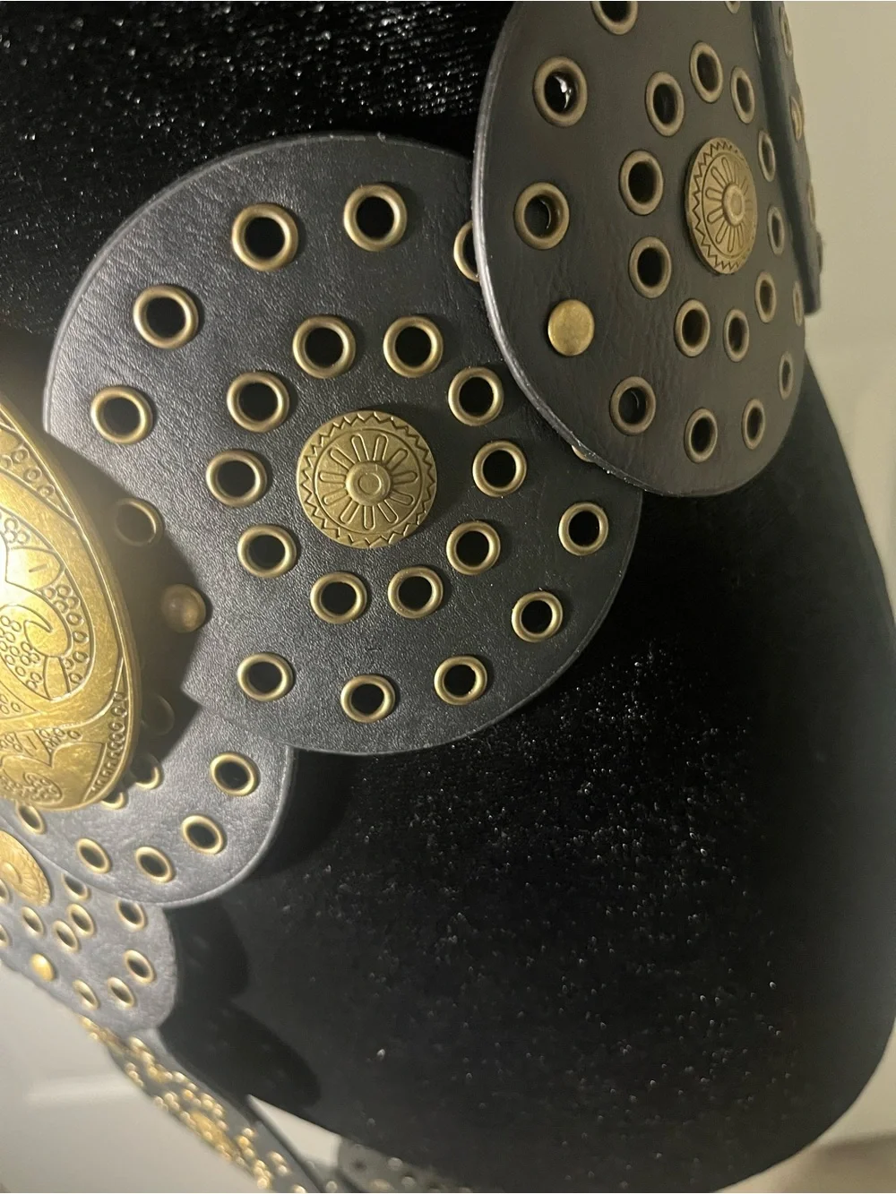 Statement Black Leather Waist Belt with Gold Medallions